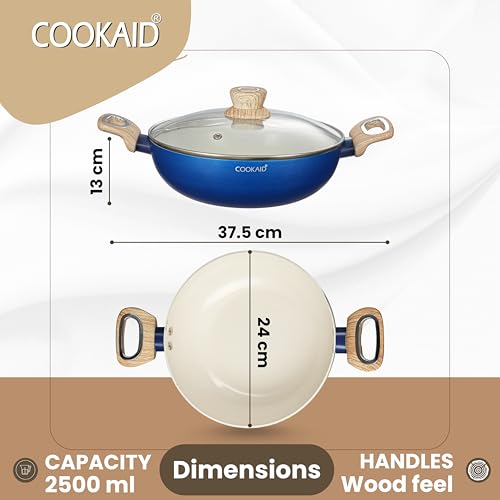 Image of Kadhai with Glass Lid 24cm 2.5 LTR | Velora Non Stick Ceramic Coating | ISI Certified | Induction Stovetop Compatible | Kitchen Cookware Kadai for Cooking | Aluminium Body | Kadhai with Lid |