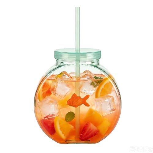 Fish Bowl Tumbler with Straw Plastic Translucent Green Tumbler for Party Drinks Reusable Shatterproof Ocean Themed Ornament Cup for Summer BBQ Picnic Fun Gift for Kids Adults