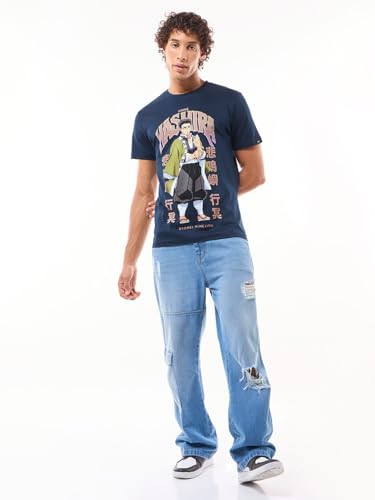 Image of Bewakoof X Demon Slayer Stone Hashira Men's 100% Cotton Graphic Print Regular Fit Half Sleeve Round Neck T-Shirt | Tshirt for man | Tshirt for men cotton | Tshirts for men stylish | Casual Wear | Street Wear