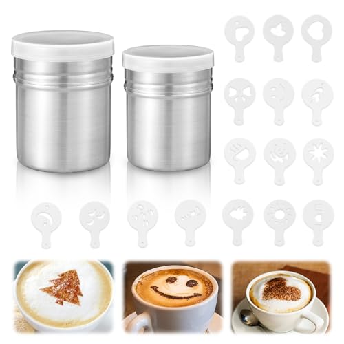 Tarqite 2 spargitore per zucchero a velo con 16 stampi per stampa, in acciaio inox, per cappuccino, farina con coperchio, medio e piccolo, per cottura e cottura