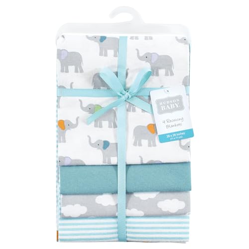 Image of Hudson Baby Unisex Baby Cotton Flannel Receiving Blankets, Teal Elephant, One Size