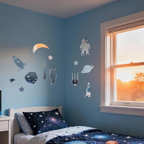 Vinilo decorativo 14 piezas astronauta cohete espejo acrílico miniatura 4