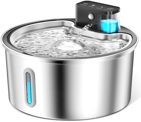 PawPoll Katzenbrunnen Kabellos mit Bewegungsmelder 4200mAh Batteriebetrieben, 3.2L Edelstahl Trinkbrunnen für Katze mit Leise Wasserpumpe, LED, BPA Frei, Leicht zu Reinigen Katzen