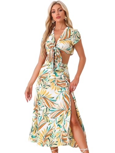 Allegra K Tropical 2 Piece Outfits for Women's Wrap Crop Top and Hawaiian Ruched Front Maxi Skirt Set