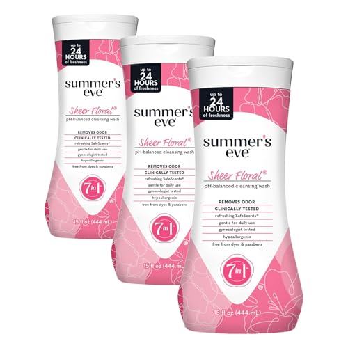 Image of Summer's Eve Feminine Wash, Sheer Floral, Daily pH-Balanced Body Wash for Women, Feminine Care to Remove Vaginal Odor, Gynecologist Tested, 15 Fl Oz (Pack of 3)