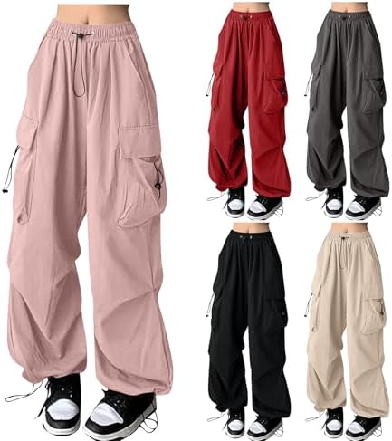 Baggy Parachute Pants Woman Soft Drawstring High Waisted Cargo Pant Comfy Plus Size Wide Leg Cargo Pant with Pockets