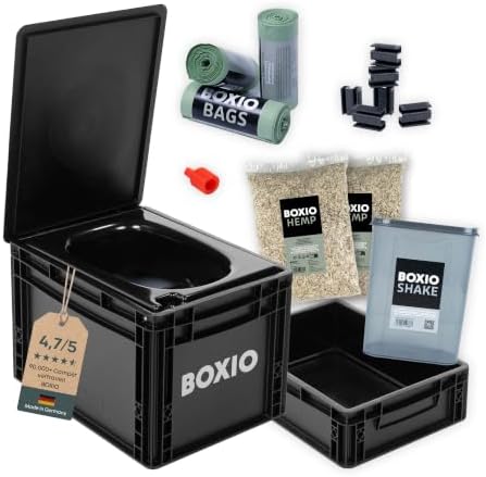 BOXIO - Toilet Max+: Mobile Trockentrenntoilette Komplettset für unterwegs | Campingtoilette ohne Chemie für Camping, Van, Outdoor, Dachzelt: Toilette auf Eurobox Basis ohne Strom,