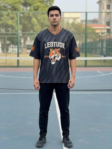 Image of LEOTUDE Men's Tiger Graphic Printed Oversized T-Shirt | Bold Black Sports Jersey Style Tee | Half Sleeve Casual Streetwear for Men's (Color:Black)