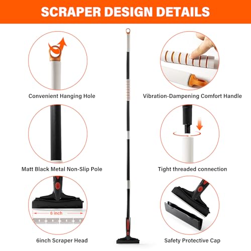 Image of Gomake Extendable Floor Scraper Heavy Duty 6 inch Wide Razor Blade Scraper Tool with 17''-59 inch （1.4ft- 4.9ft）Long Handle, 10PCS Extra Metal Blades for Cleaning Glass Wall Gum Paint Tile Glue