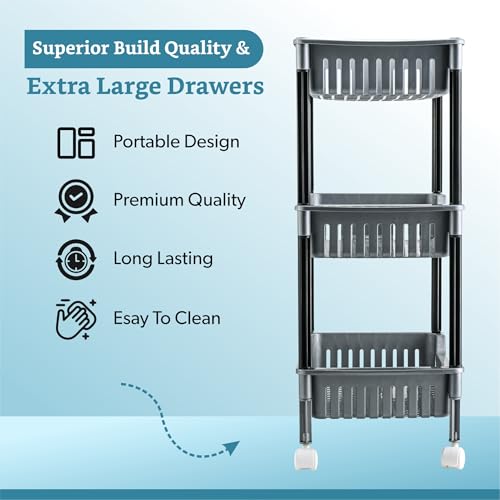 Image of Kuber Industries Plastic Multipurpose Trolley with Wheels | 3 Layer Storage Organizer for Household, Office, Bedroom, Kitchen, Living Room & Bathroom | Shelf Rack - Grey