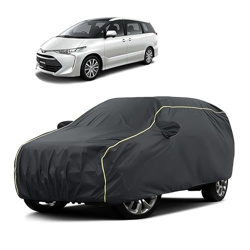 Image of Sulfar 100% Water Resistant Car Body Cover Compatible with Mirror for Toyota Previa (Triple Stitched, Full Bottom Elastic, Dark Grey Taffeta with Yellow Piping)