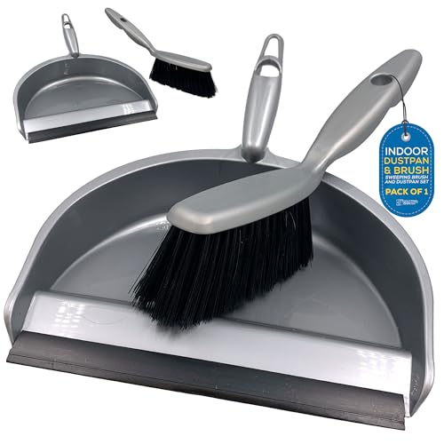 Household Dustpan and Brush Set, Soft Bristle Brush and Plastic Dust Pan with Rubber Lip to Collect and Sweep Dust and Dirt from Floors, Stylish Silver Colour Hand Brush and Dustpan for Home Cleaning