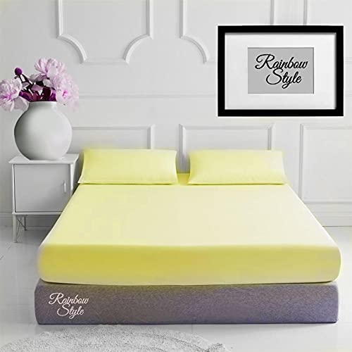 Rainbow Style Fitted Bed Sheet With MATCHING FREE 1 X PILLOW CASE Percale Easy Care Poly Cotton Plain Dyed Bedding Bed Sheet Lemon Single