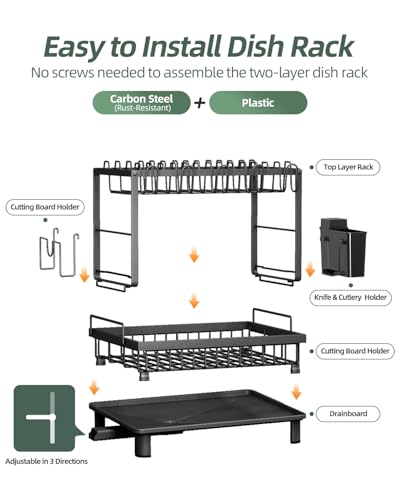 Image of Dish Drying Rack, 2 Tier Space-Saving Dish Rack, Multifunctional Dish Drainer for Kitchen Counter with Drainboard /Utensil /Cup Holder Rustproof Carbon Steel, Black