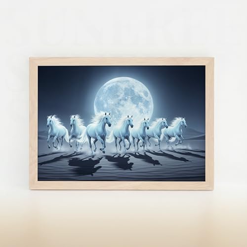 Suneree 7 White Horse Vastu Wall Painting – Running Horses Moonlight Landscape Framed Wall Art for Living Room & Office Decor (Natural, Design 05, 13x19 Inch)