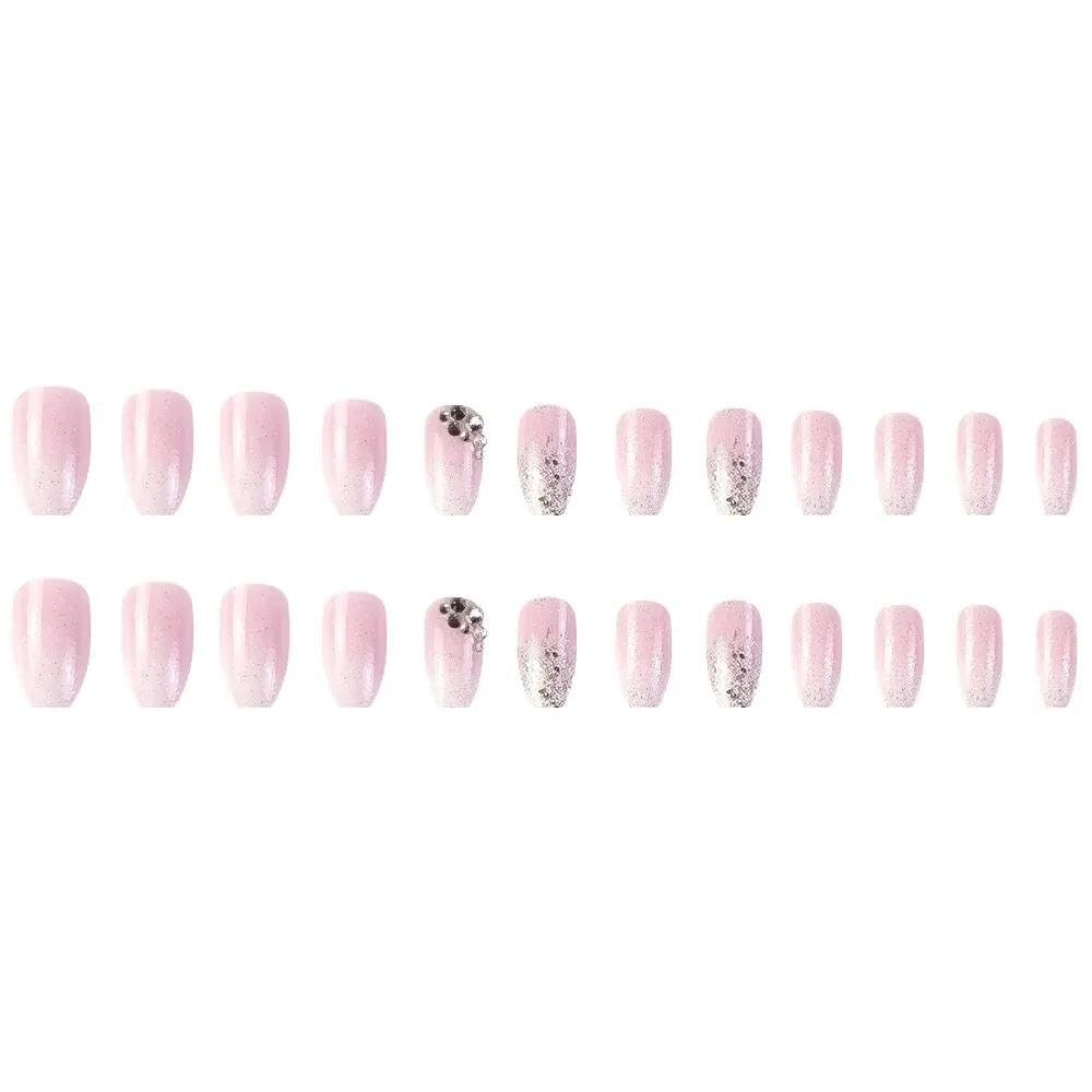 24Pcs Glossy Short Coffin Press On Nails Pink And White French Style False Nails With Rhinestone DIY Manicure