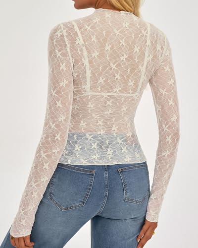 BTFBM Mesh Lace Long Sleeve Tops for Women 2026 Fall,White,S - image 7