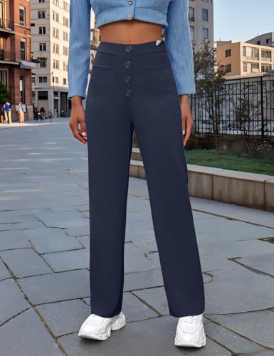 Women's High Waisted Straight Leg Pants Button Stretchy Business Work Casual Trousers with Multiple Pockets Spring Pants2
