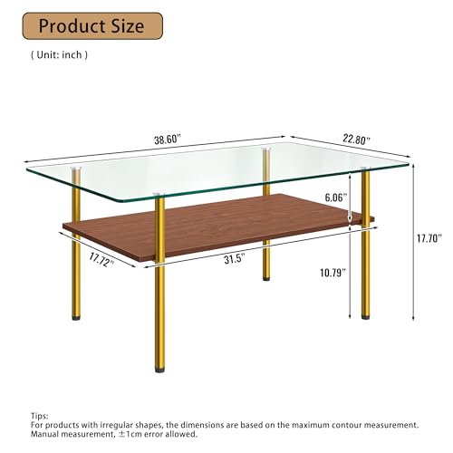 Image of 38.6 inch Glass Coffee Table for Living Room, 2-Tier Modern Center Table with Clear Tempered Glass Top, Brown Wood Shelf & Gold Metal Legs, Accent Tea Table for Small Space, Easy to Assemble