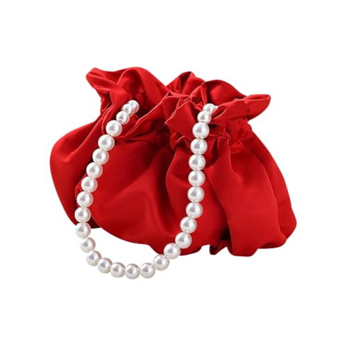 Piccola borsetta da polso in raso, elegante borsa a secchiello con catena di perle, graziosa e morbida, alla moda, portatile, con bottone a pressione in metallo, per la vita quotidiana, rosso e bianco