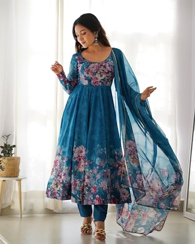 Image of KD Women's Floral Print Anarkali Kurta Set with Pant and Dupatta, Georgette, Full Sleeves, Asymmetric Hemline