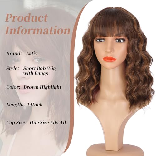 image for Lativ Brown Highlight Wigs for Women Short Wavy Curly Bob Wig with Ban