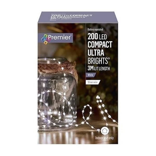 Premier Decorations 200 White LED Compact Ultrabright Silver Wire Battery Operated Lights 3m