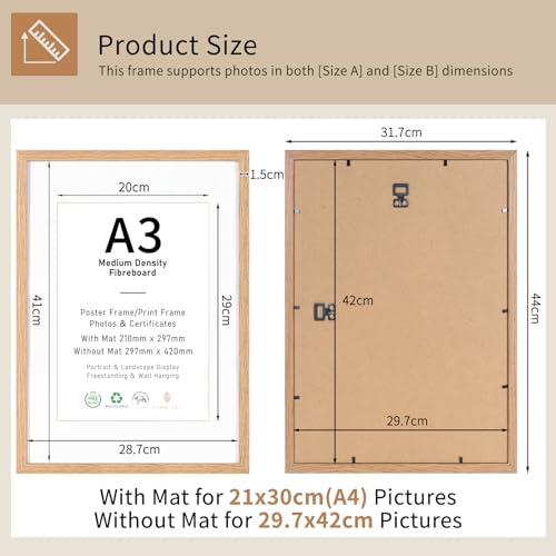 A3 Picture Frame Set of 3, Display A4 with Mat or A3 without Mat, Natural Wood Photo Frames for Wall Mounting or Table Top Display