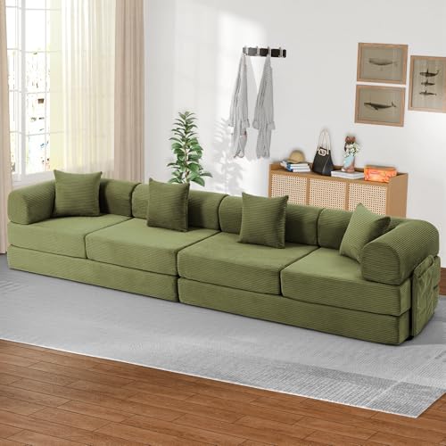 Image of 142 inch 7-in-1 Convertible Modular Sectional Sofa Bed, Green | Corduroy Fabric, Reinforced Frame, Deep Seat, Storage Bag, Tool-free Assembly for Living Room