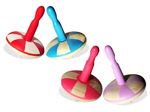 Image of VParents Wooden Spin Tops Non Toxic Organic for Kids (3 Years+) - Curiosity & Fine Motor Skills (4 Pieces) (Pink Blue Purple Red)