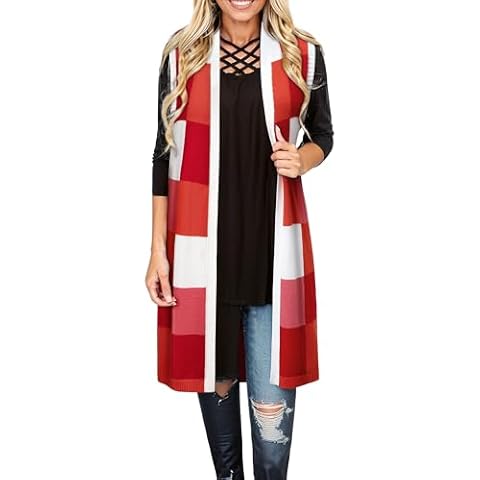 ZXZY Womens Sleeveless Cardigan Fashion Contrast Color Block Plaid Cute Lightweight Knit Long Vest Cover