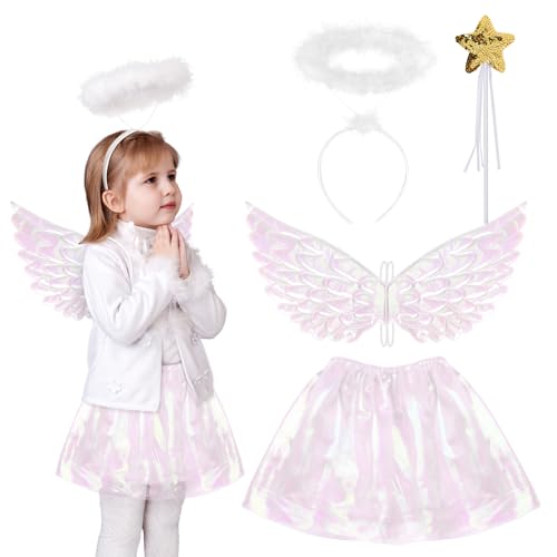 Fennoral 4pcs Disfraz de Ángel para Niña - Alas, Tutú, Diadema y Accesorios para Carnaval, Epifanía, Cosplay, Fiesta y Regalo