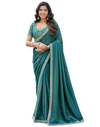 Image of SIRIL Women's Shimmer Silk Sequence Embroidery Lace two Tone Saree With Embroidery Unstitched Blouse Piece