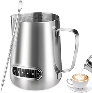Vinekraft Milk Frothing Jug, 600ml/20oz Milk Jug with Thermometer, Stainless Steel Milk Pitcher with Art Pen for Coffee Machine