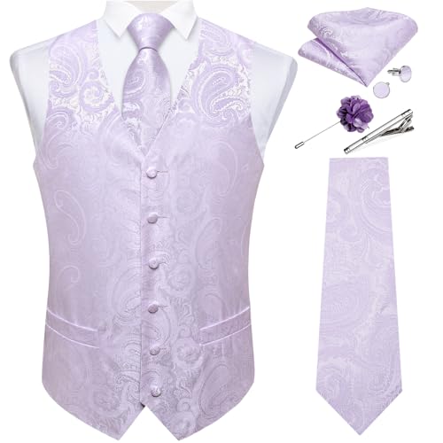 Image of DiBanGu Mens Vest and Tie Set Formal Paisley Waistcoat and Necktie Pocket Square Cufflinks Silk Suit Vest for Tuxedo Wedding