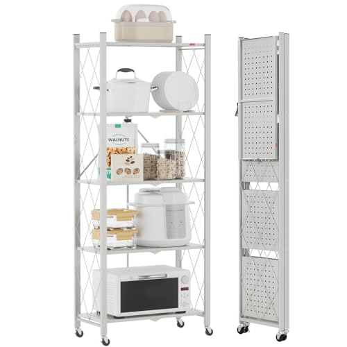 DEANIC Folding Storage Shelves,5 Tiers Metal Shelving Units for Storage 61x147x28 CM, Corner Kitchen Shelves on Wheels,Pantry Shelves,Bookcase for Living room Grey