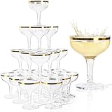 RYTOXILO Champagne Tower Glasses, 50 Pack 5.4 fl oz Plastic Coupe Glasses for Parties with Gold Rimmed, Disposable Clear Acrylic Martini Cocktail Cups, Unbreakable Reusable Unique Champagne Glasses