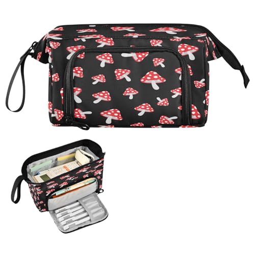 Image of Portable Pencil Case Pen Bag with Zipper, Cute Mushrooms Polka Dot Large Pencil Pouch Pen Case Stationery Bag for Office School Student, Multifunctional Pen Box for Girl Boy Men Women