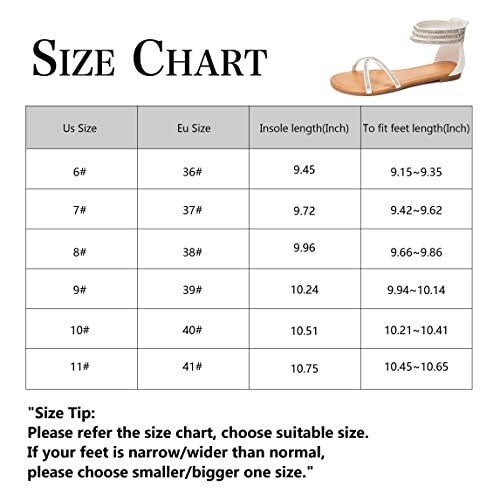 Women's Rhinestones Flat Sandals Ankle Strap Sandals Strappy Sandals Comfort Open Toe Gladiator Flat Sandals (8, White) #TOP5