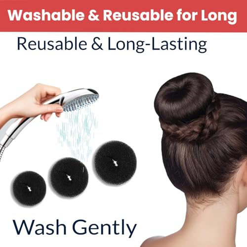 Image of Hair Bun Maker Donut Set, 3 Sizes, Black, with 3 Hair Clips