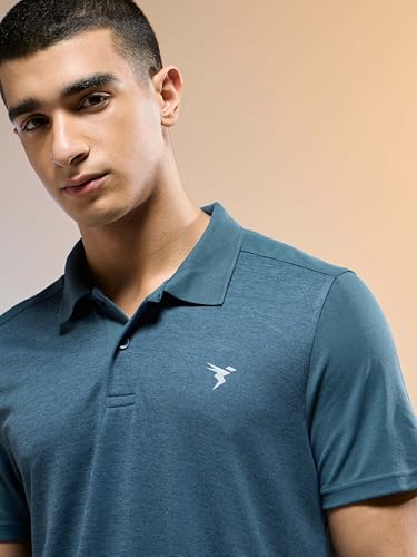Image of TECHNOSPORT Men Polyester Self Design Polo Neck Half Sleeve T-Shirt with UPF50+, Double Cool for Gym, Sports and Regular Use