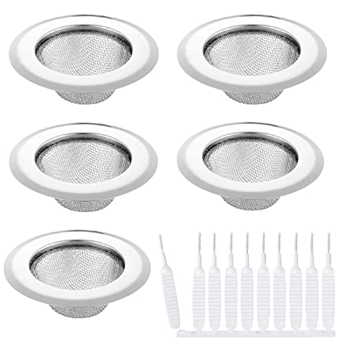 Voyyphixa 5 PCS Stainless Steel 10 Mini Cleaning Brush Bathroom Shower Hair Filter Catcher Drain Cover Kitchen Sink Plug Strainer Hole Cover 4.5" Diameter Large Sink Drain Strainer