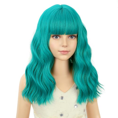 Image of PATTNIUM Blue Green Wig for Kids Girls Short Curly Wavy Wigs with Bangs Blue Green Shoulder Length Wavy Heat Resistant Synthetic Wig