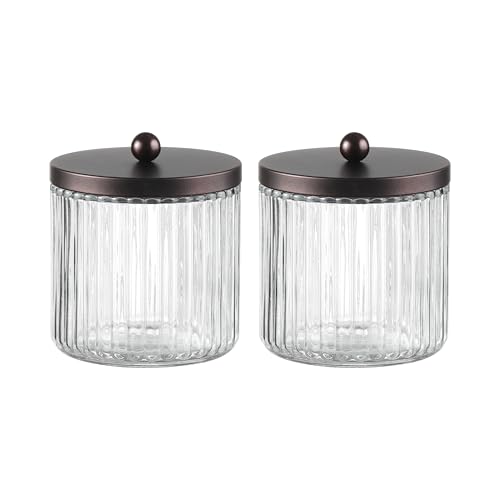 KMwares Set of 2 Glass Qtip Holder Dispenser Set for Cotton Ball Swab Round Pads Floss Picks Bathroom Canister Storage Organization and Vanity Makeup Organizer Bronze