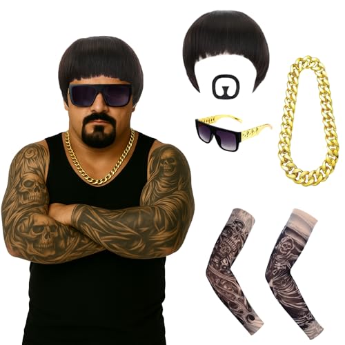 SSKHE Juego de disfraz de Final Boss Meme, peluca con corte de cuenco, bigote de cabra, lentes de sol, cadena dorada y mangas de tatuaje, divertido disfraz de Ibiza de los años 90 para festivales de