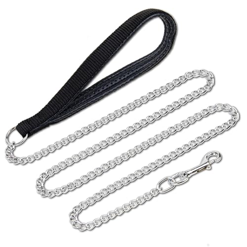PETTOM Hundeleine Stark Metall Kettenleine, Übungsleine mit PU Leder und Gepolstertem Nylon-Griff, Trainingsleine Für Kleine Mittlere und Große Hunde, M(0.3cm*180cm)