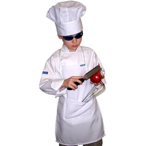 CHEFSKIN Kids Children Set Apron+ Hat M Fits 7-12 White Real Fabric Cover
