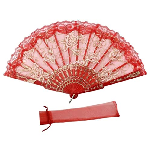 1 abanico plegable decorativo con diseño de flores de encaje rosa rojo para boda.