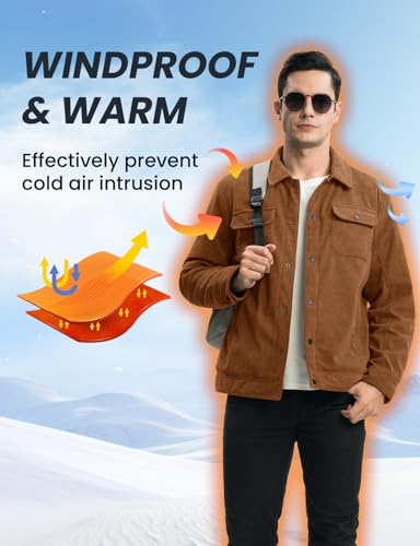 Image of TBMPOY Men's Corduroy Jacket Fleece Sherpa Winter Trucker Work Cargo Coat | Warm,Thick,5 Pockets,Turn-down Collar,Casual,Travel