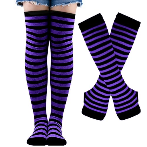 Image of Black and White Striped Arm Leg Warmers Sleeves Set Rainbow Socks Knee High Fingerless Gloves Hand Thigh Warm